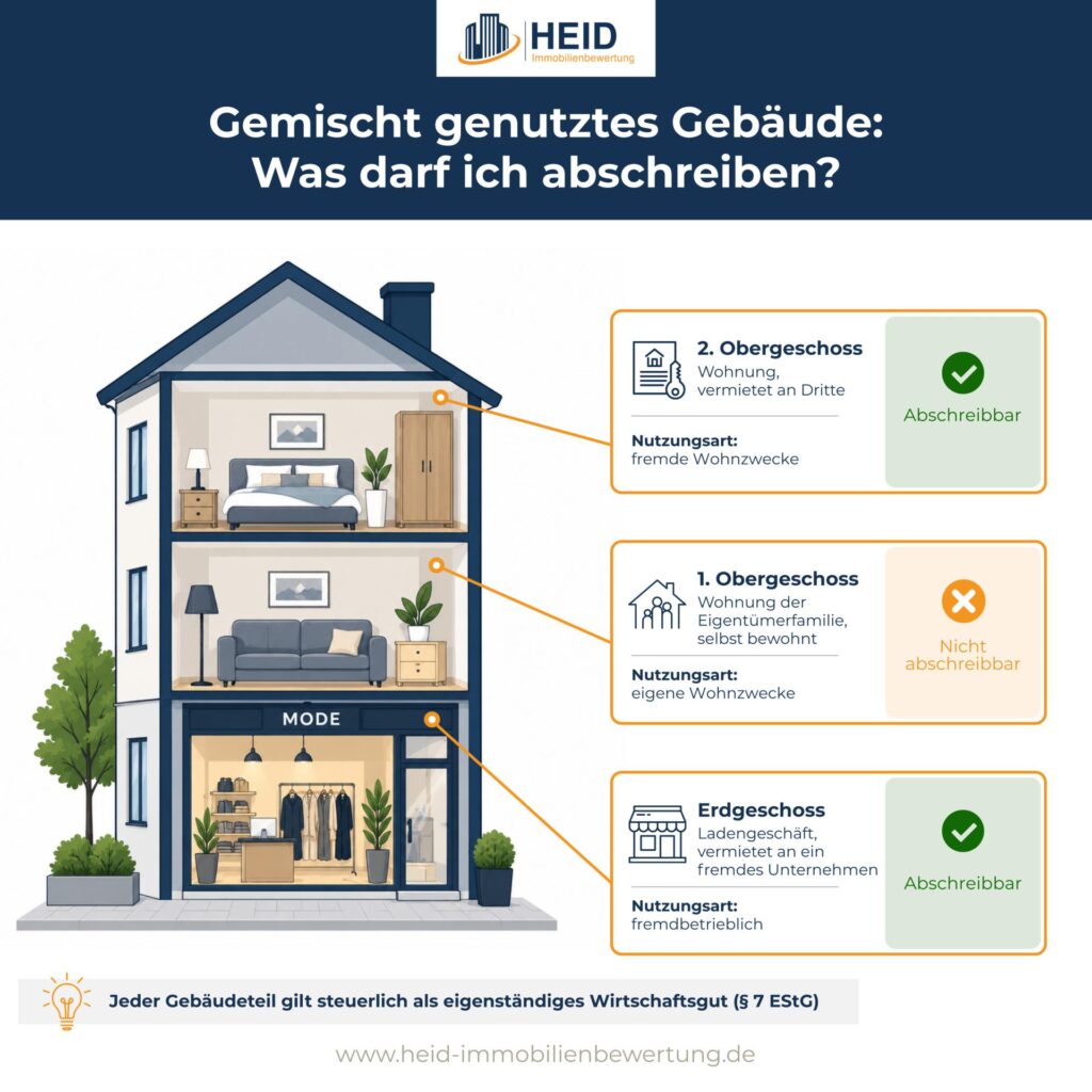 Infografik zu einem gemischt genutzten Gebäude mit drei Etagen: vermietete Wohnung im zweiten Obergeschoss und Ladengeschäft im Erdgeschoss sind abschreibbar, die selbst bewohnte Wohnung der Eigentümerfamilie im ersten Obergeschoss ist nicht abschreibbar, da jeder Gebäudeteil steuerlich als eigenständiges Wirtschaftsgut gilt.