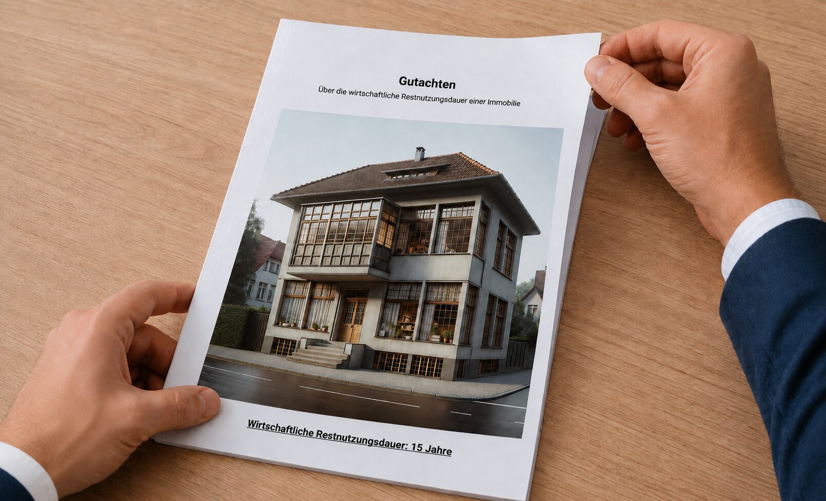 Deckblatt eines Restnutzungsdauer-Gutachten-Musters mit Wohn- und Geschäftshaus und dem Ergebnis 15 Jahre