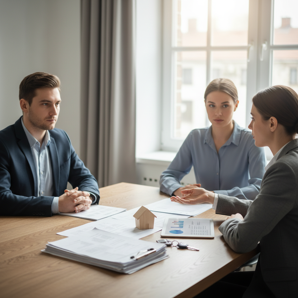 Zwei unverheiratete Partner in einem Beratungsgespr&auml;ch zur Immobilie nach der Trennung