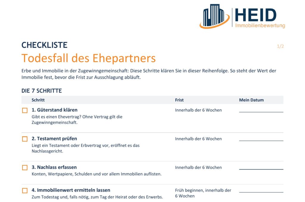 Vorschau der Checkliste für den Todesfall beim Ehepartner rund um Erbe und Zugewinngemeinschaft